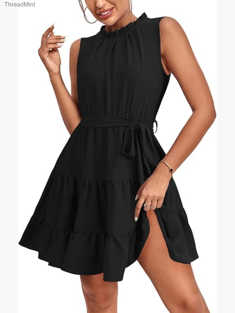 Ruched Crewneck Tie Knot High Waist Ruffle Layered Sleeveless Short Dress